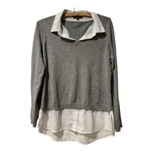 Adrianna Papell Layered Sweater Top Gray White Collar Long Sleeve Size L